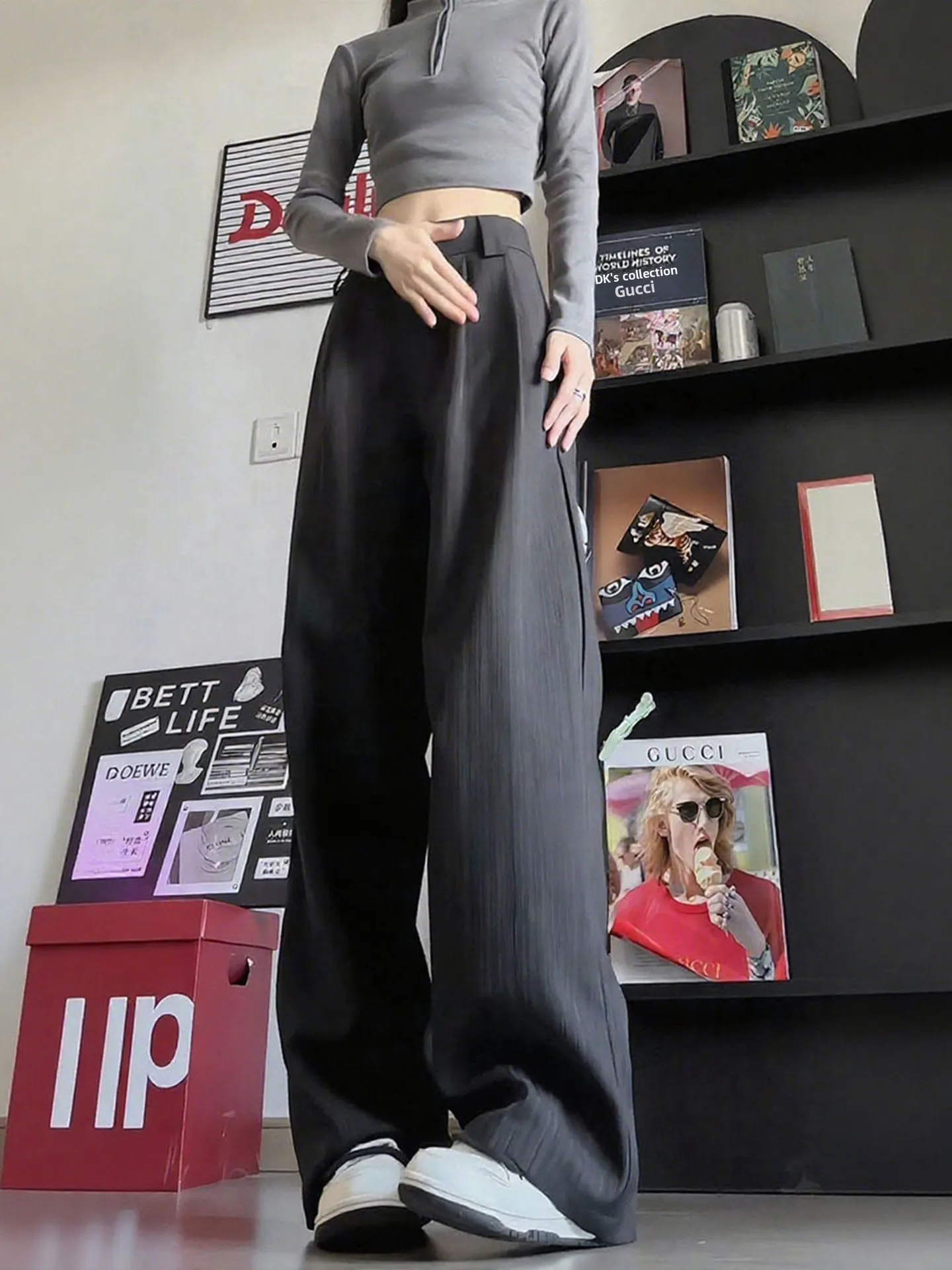 

Ele Bla Stripe Wide Leg Pants Women's Casual Trousers Straight Cut Flared Bot High Waist Zipper Fly Comfortable Fit