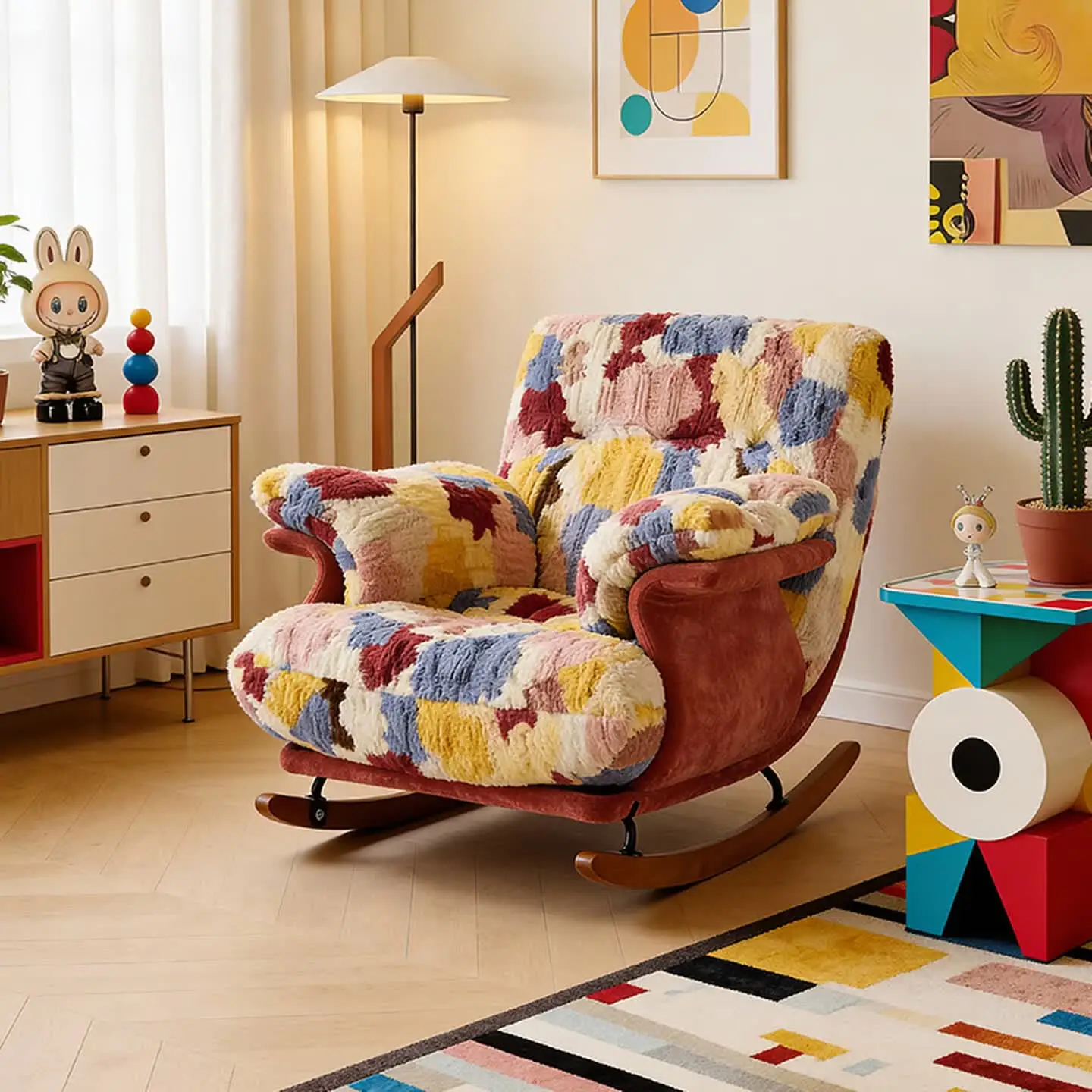 Dopamine Wind Rainbow Fleece Rocking Chair Apartment Study Reading Reclining Chair Bedroom Area Single Sofa Chair view 3