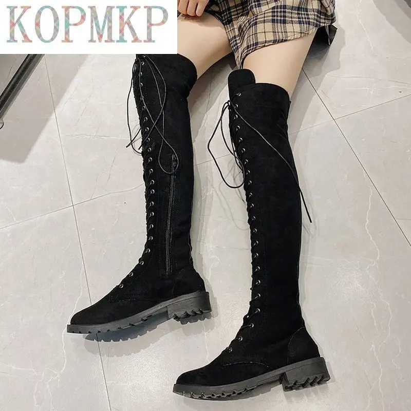 2022 Sexy Over Knee Boots Women Rome Lace-up Boots Women Flats Shoes Woman Flock Long Boots Botas Winter Thigh High Boots 34-43