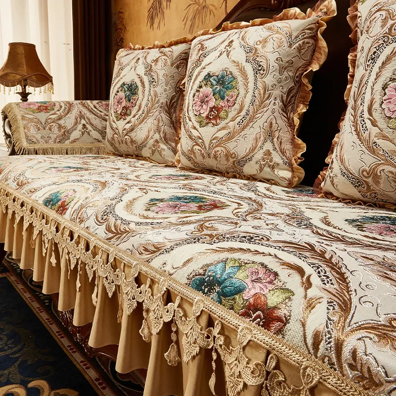 European Classical Leather Sofa Luxury Sofa Cushion Four Season High-end American Anti Slip Sofa Cover Plant and Flower Pattern