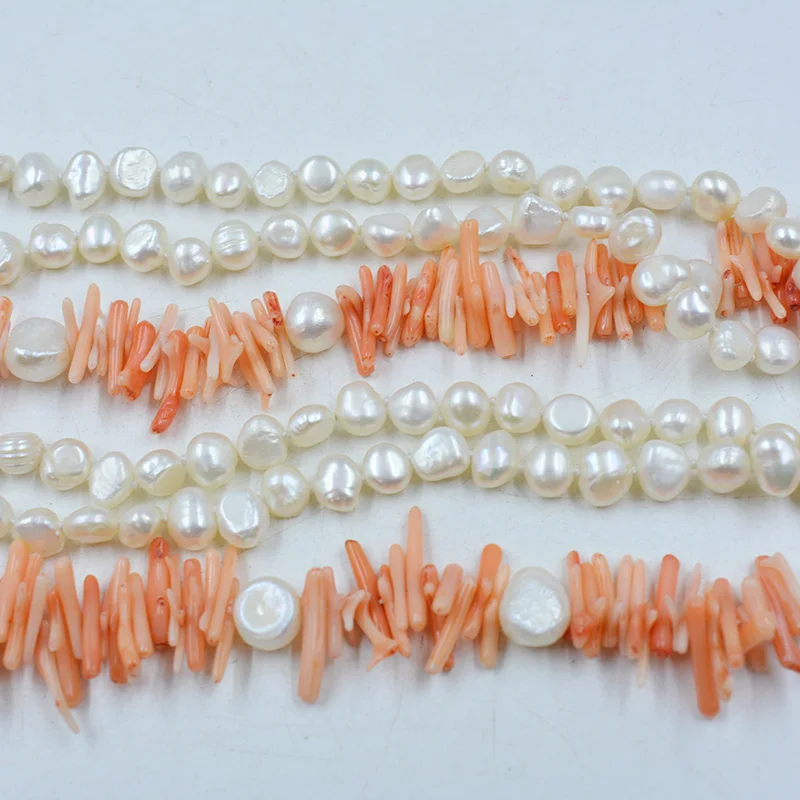 2 strands of 6MM natural white baroque pearl 1 strand natural coral necklace. Charm Ladies Birthday Classic Gift 19