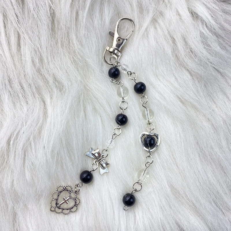 Black Clear Bead Keychain Cool Y2K Phone Charm Girls Bowknot Heart Keychain Handmade DIY Accessories
