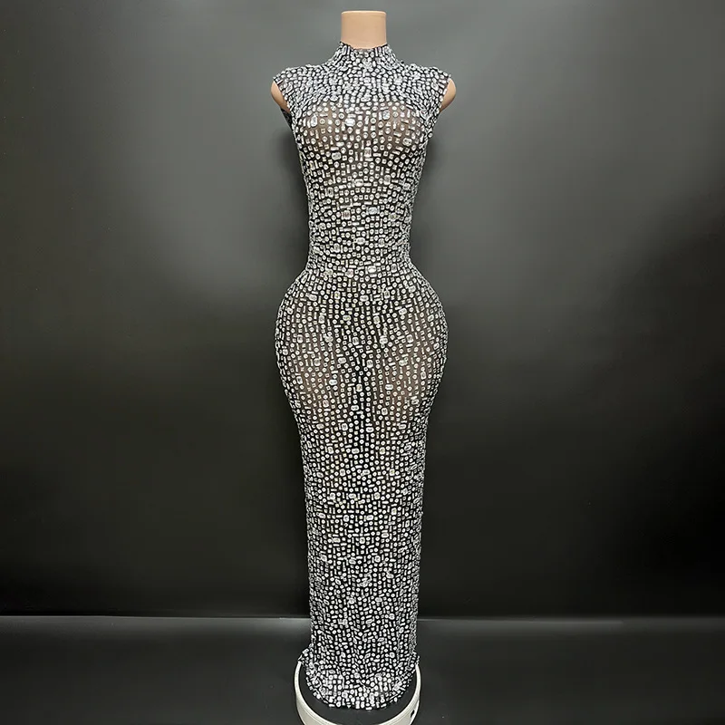 Sparkly Full Rhinestones Long Dress Sexy Mesh See Through Women Celebrate Evening Prom Birthday Dress Singer Show Stage Wear