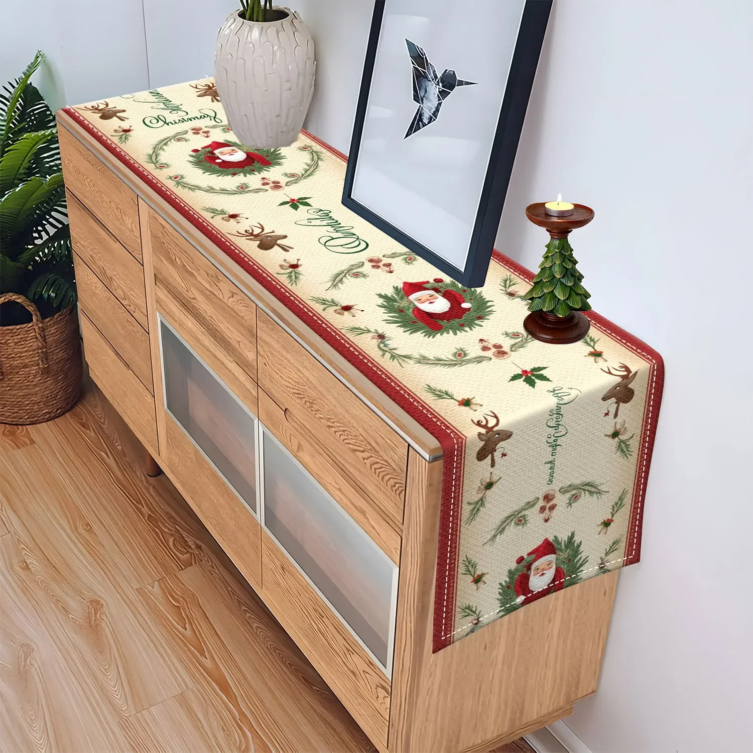 Santa Claus Reindeer Wreath Printed Table Runner Festive Table Ambience Decoration Washable Table Runner