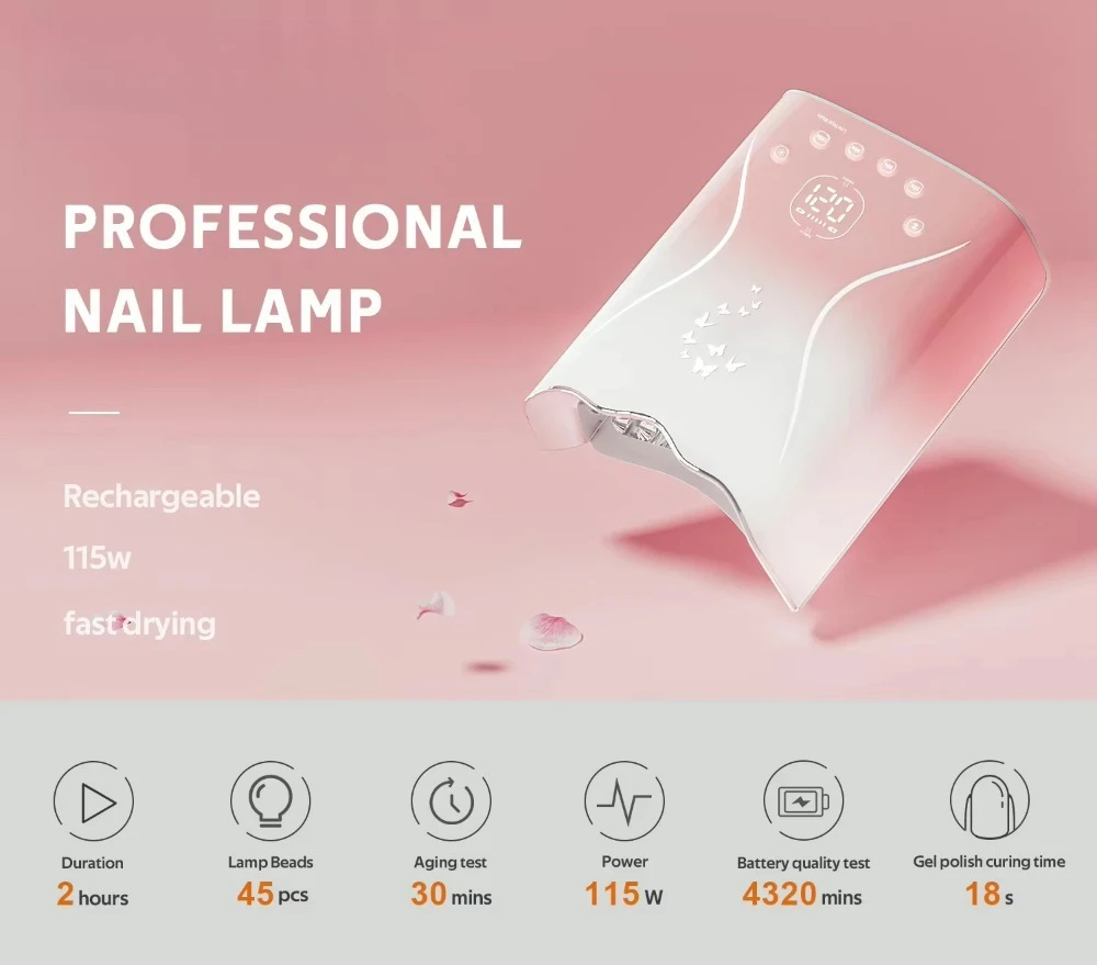 

New Butterfly Series 115W Rechargeable LED UV Gel Nail Lamp Gradient Color 45 Beads Professional Cordless Nail Dryer