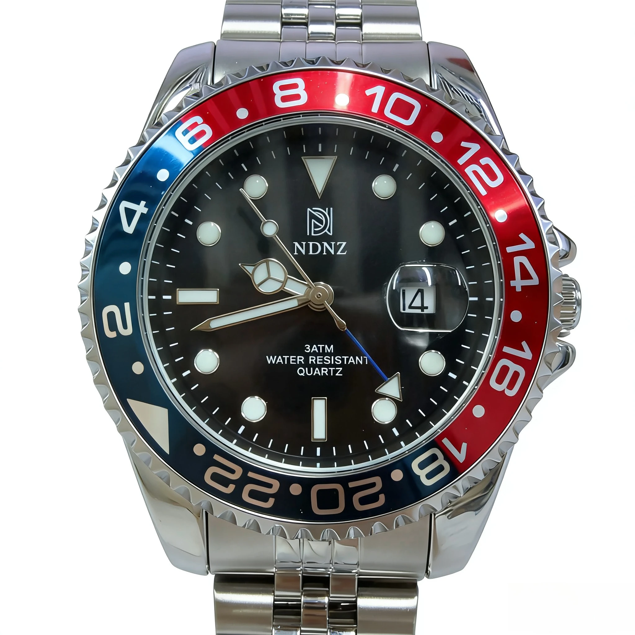NDNZ Two-Tone Bezel GMT Watch, Men's 3Bar Waterproof Quartz Wristwatch, Stainless Steel Bracelet, Casual Business