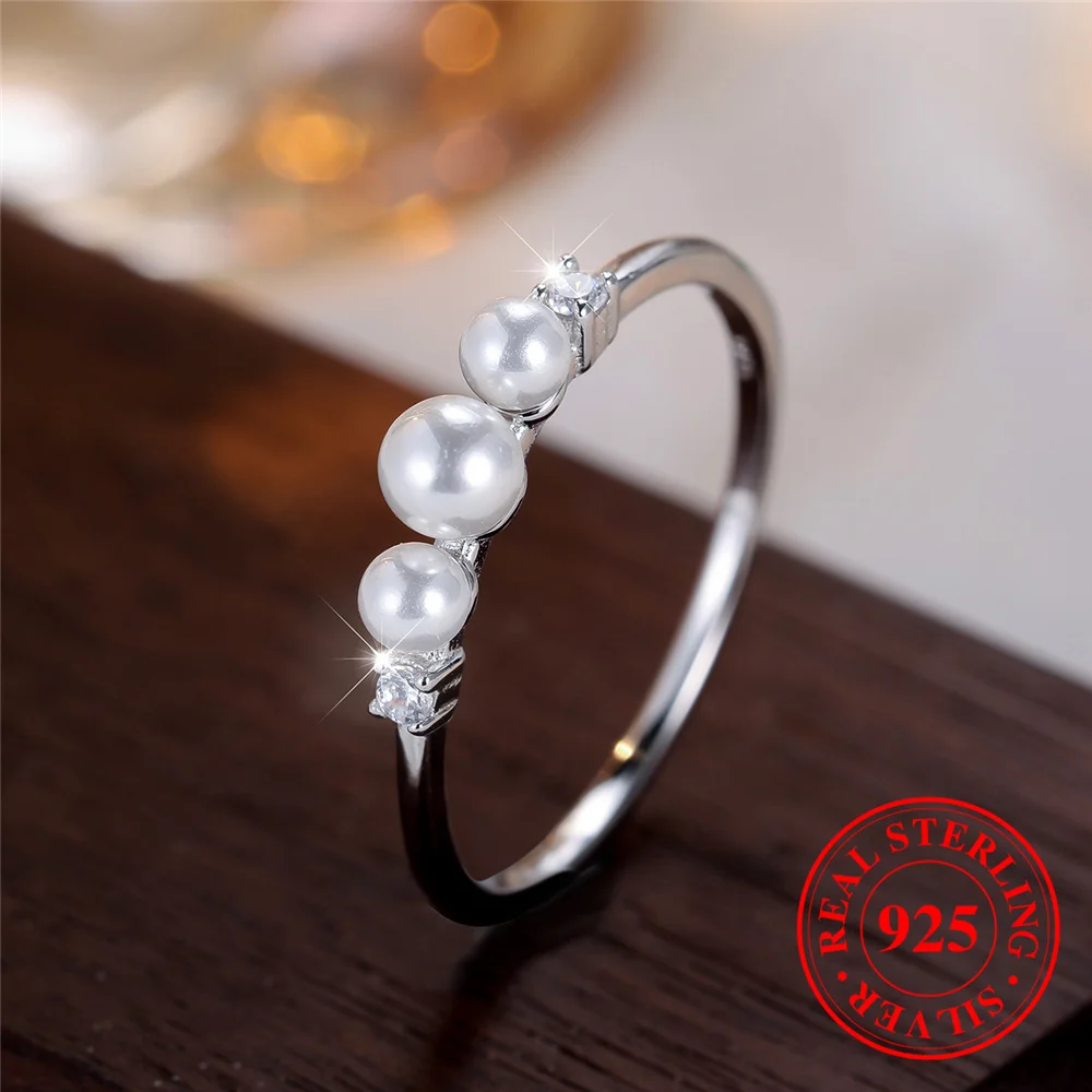 Female Real 925 Sterling Silver Round Pearl Engagement Ring Vintage Wedding Jewelry For Women