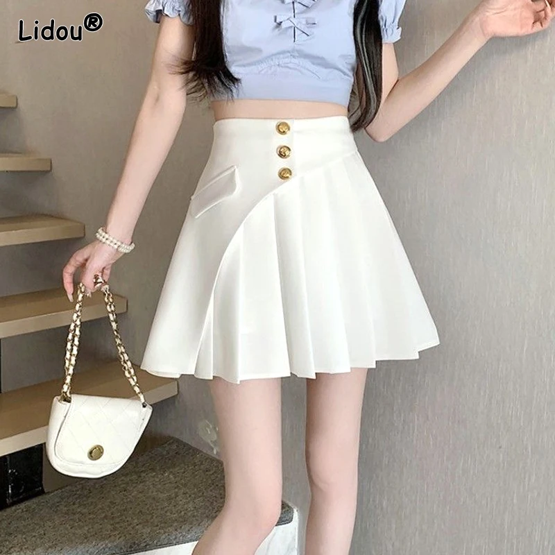 

2023 New Women's Clothing Patchwork Button Pleated Summer Solid Color Fashion Casual Streetwear Young Style Skinny Mini Skirts