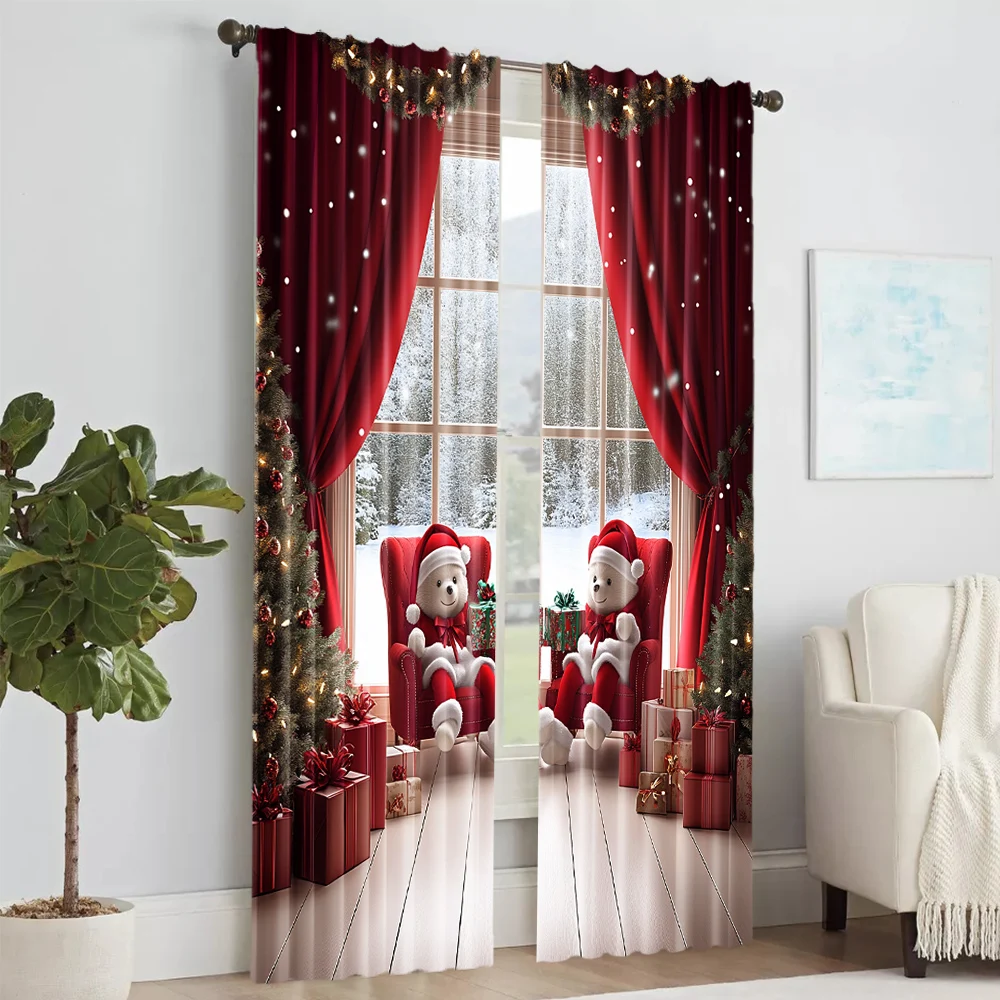 2Pcs Christmas Themed Window Curtains Gift Box And Bear Design Polyester Material Drapes For Bedroom Living Room Office Decor