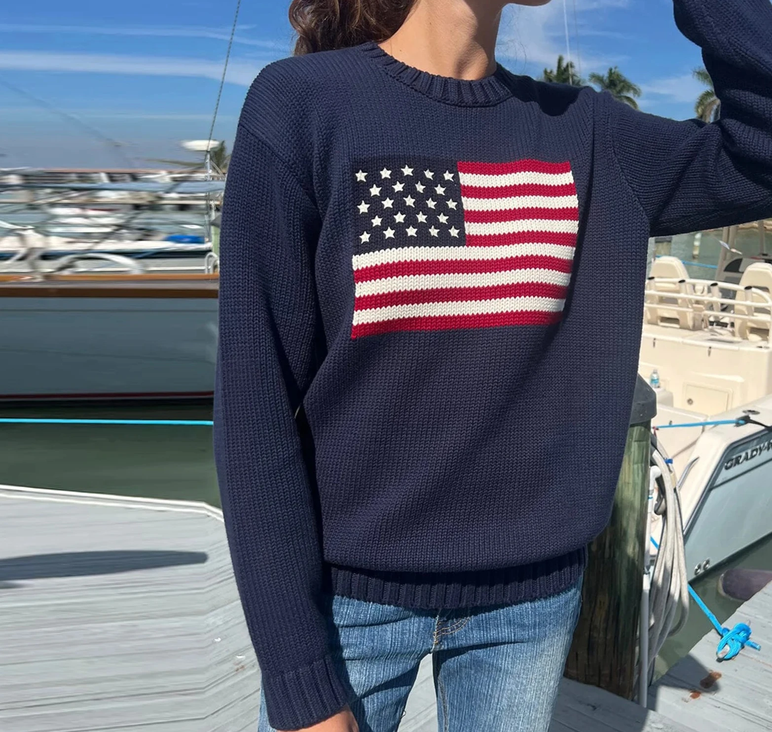 Casual Loose Pullover KnitwearWomen American Flag Sweater Autumn Long Sleeve Crew Neck Loose Fit Knitted Pullover Tops