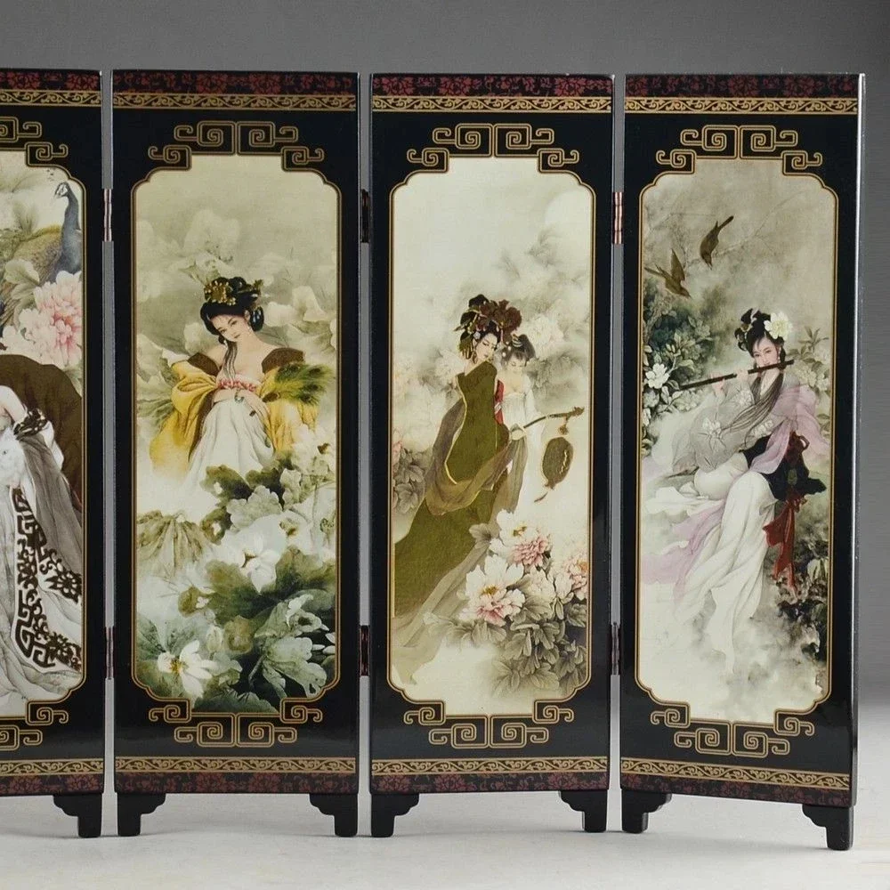 Exquisite Chinese Lacquer Ware Old Handmade Belle Collectable Folding Screen