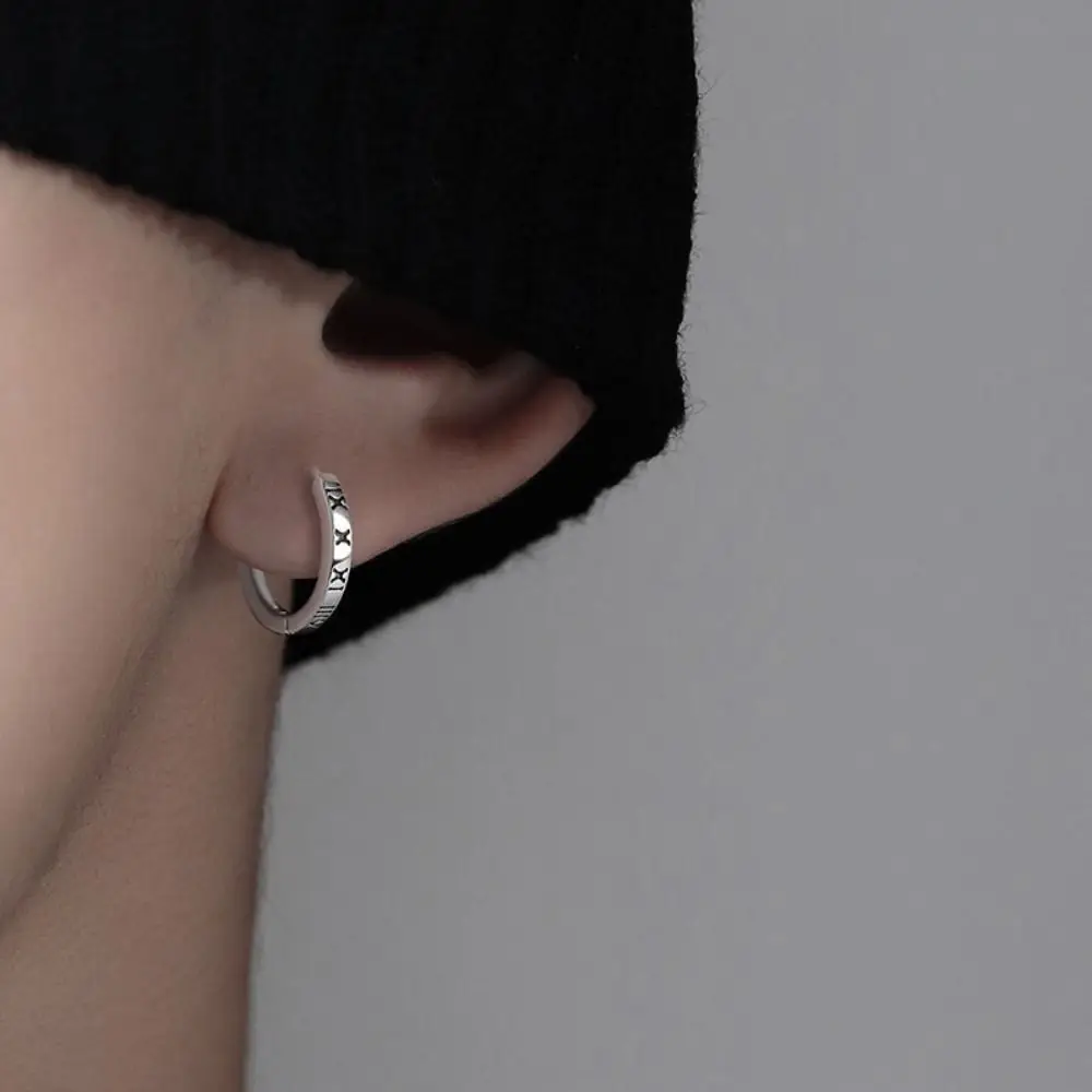 

Luxury Roman Numerals Design Men Hoop Earring Minimalist Lightweight Ear Cuffs Silver Men Earrings for Men