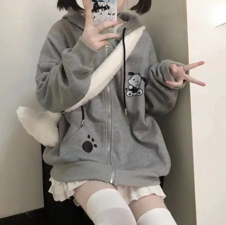 Japanese Kawaii Dog Ears Hoodie Sweatshirt 2024 Autumn New Loose Zipper Tops Women Y2k E-Girl Long Sleeve Thin Sweatshirts