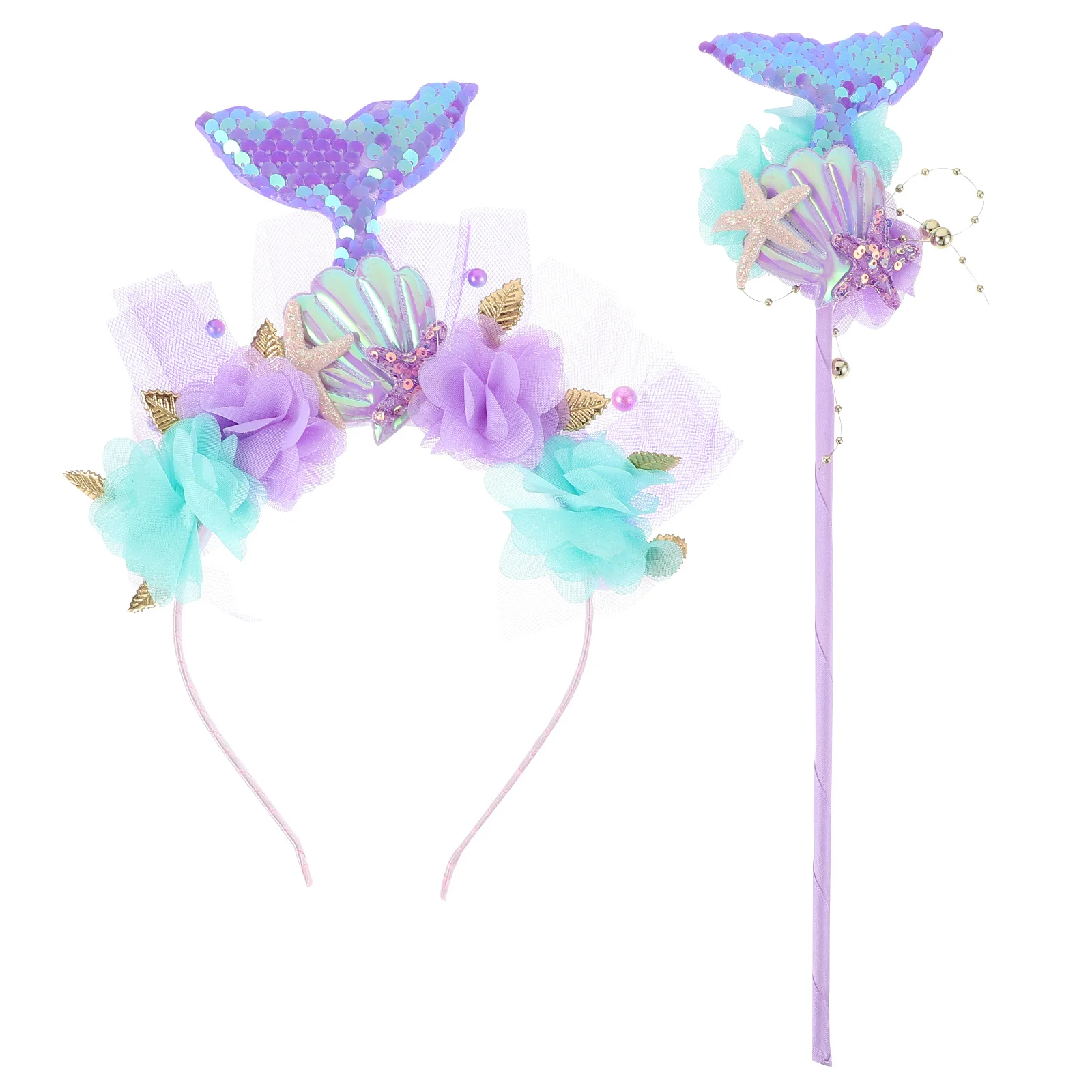ชุดเครื่องประดับนางเงือก 1 ชุด ประกอบด้วยที่คาดผม ไม้กายสิทธิ์ หางประดับเลื่อม ดีไซน์น่ารัก สำหรับเด็กผู้หญิง เหมาะสำหรับงานคอสเพลย์ งานวันเกิด ของตกแต่ง ชุดแฟนซี