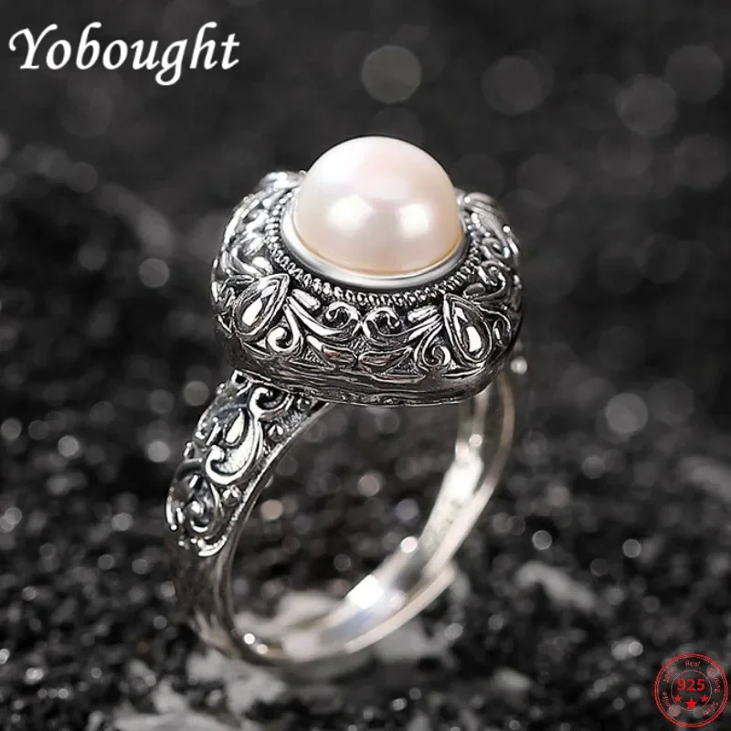 

Genuine s925 sterling silver rings for Women New Fashion round freshwater pearl vintage eternal Vine rhombus ring adjustable