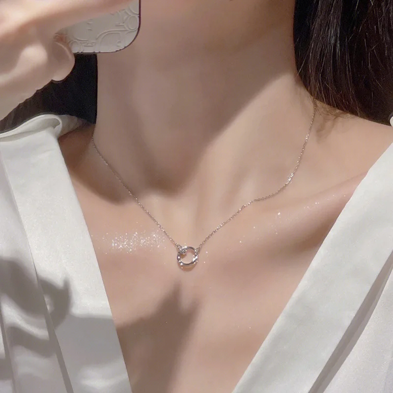 Trendy 925 Sterling Silver Inlaid Tiny Zircon Interlocking Mobius Strip Pendant Necklace for Women Collarbone Chain Jewelry Gift