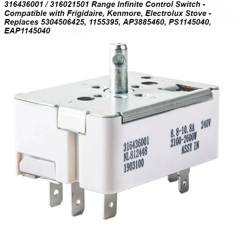 

316436001 Range Infinite Control Switch - Compatible with Frigidaire, Kenmore, Electrolux Stove-ReplacesAP3885460, PS1145040