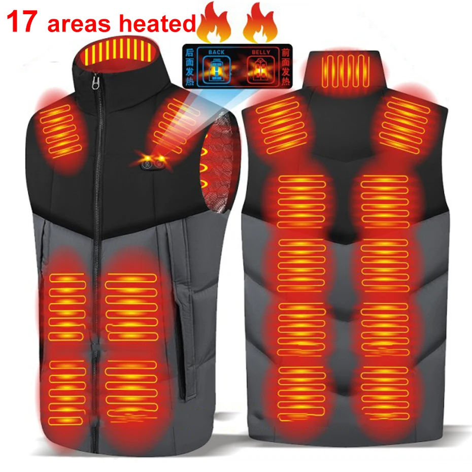 USB Heating Vest Jacket Men Winter Warm Vests Infrared 17 Areas Heated Sleeveless Jacket Electric Heated Vest Male