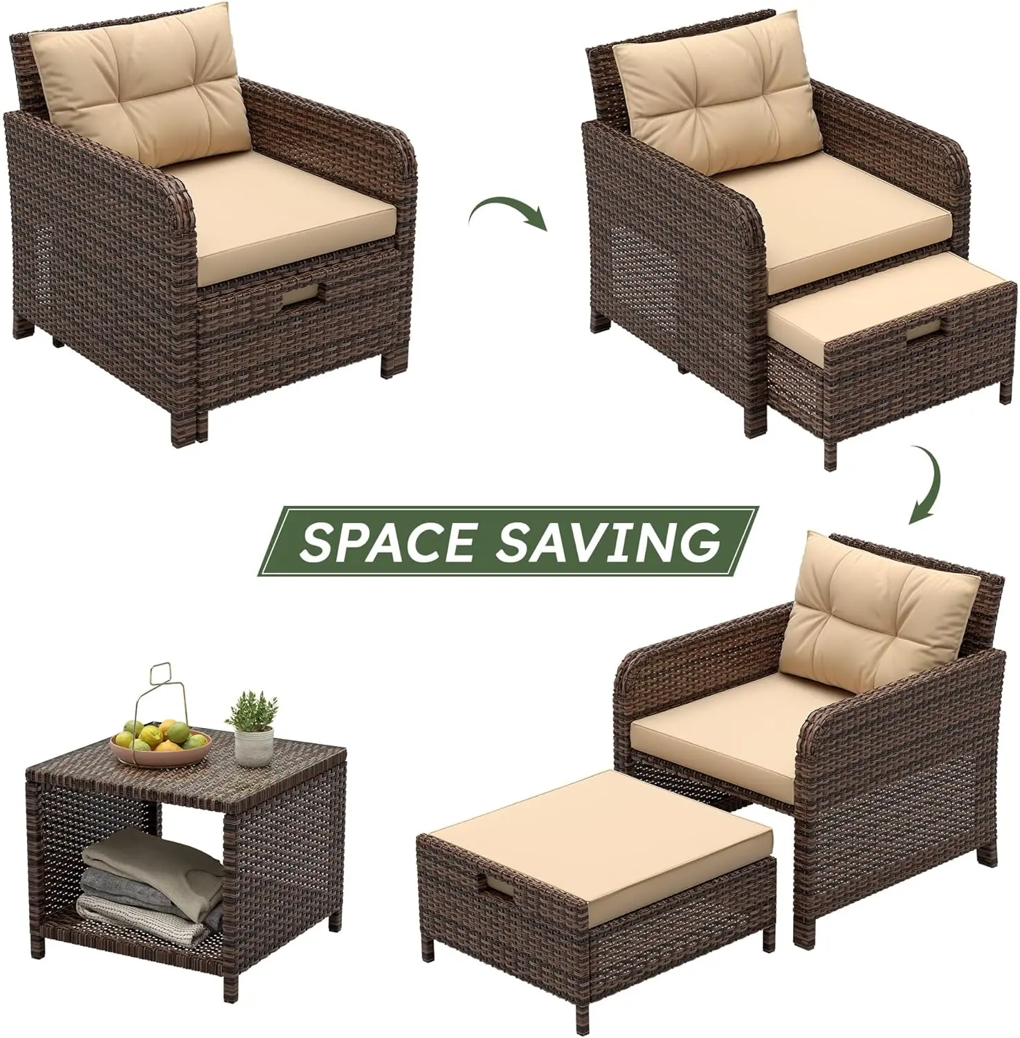 5-delige buitenterrasset met stoelen, poef en salontafel met kussens – beige en bruin