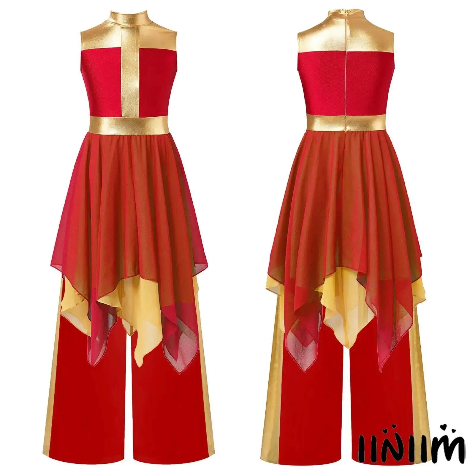 

Kids Girls Lyrical Dance Outfits Mock Neck Irregular Hem Color Block Dress with Metallic Patchwork Wide-Leg Pants Praise Costume