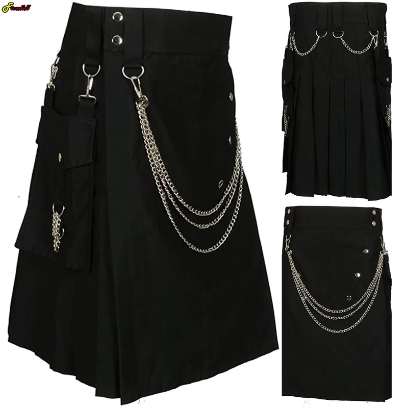 

Men's Medieval Halloween Plus Size Costume Scottish Festive Skirt Men's Chain Pleated Black Skirt Cosplay Dress