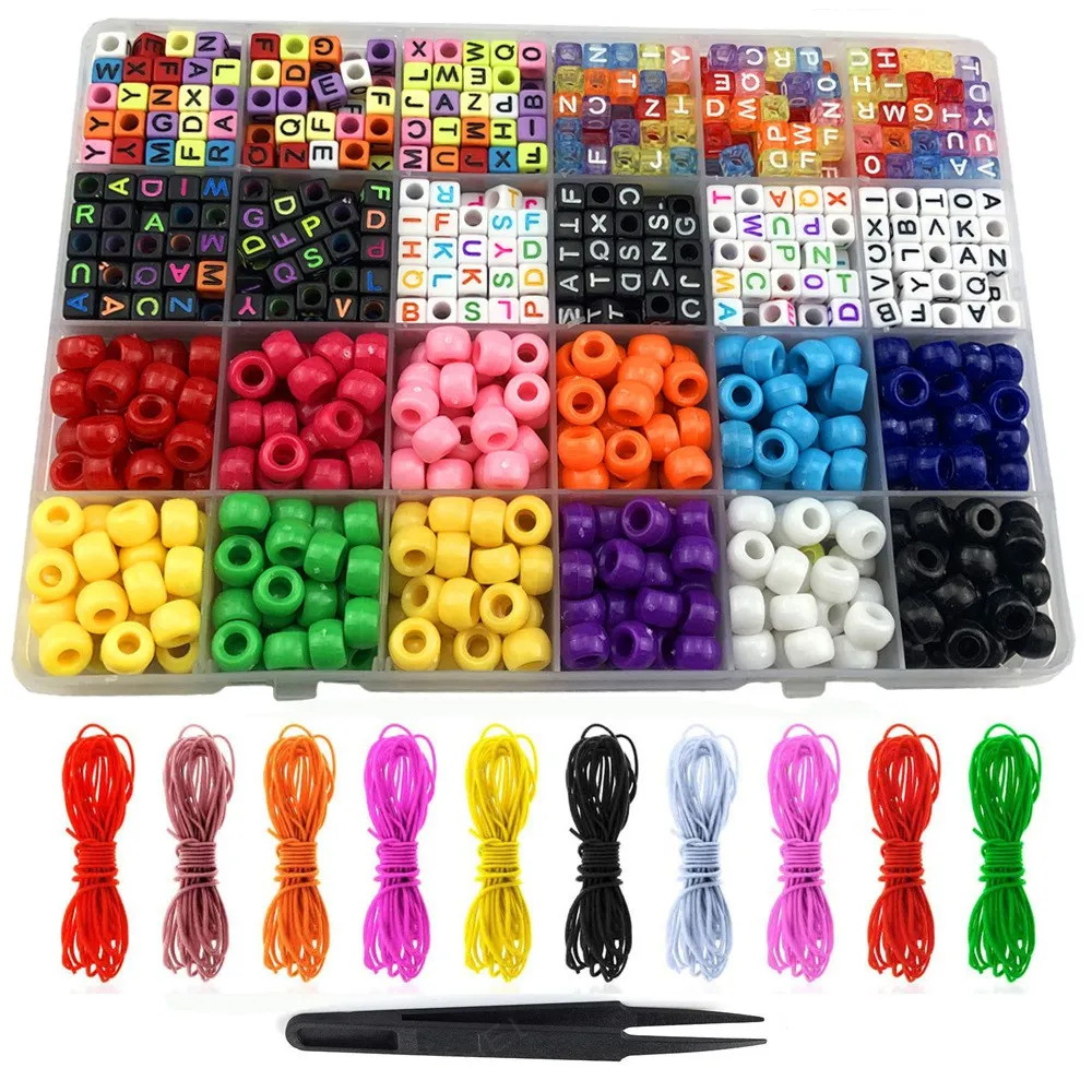 1000Pcs DIY Beads for Kids Color Letter Beads for Necklace Bracelet Jewelry Making with Elastic Crystal String Cords