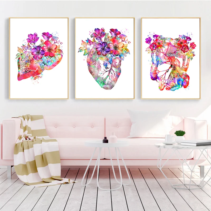 Watercolor Flowers Heart Lung Liver Human Organ Anatomy Poster and Print making Modern Abstract Art Medicine Posters Wall Decor