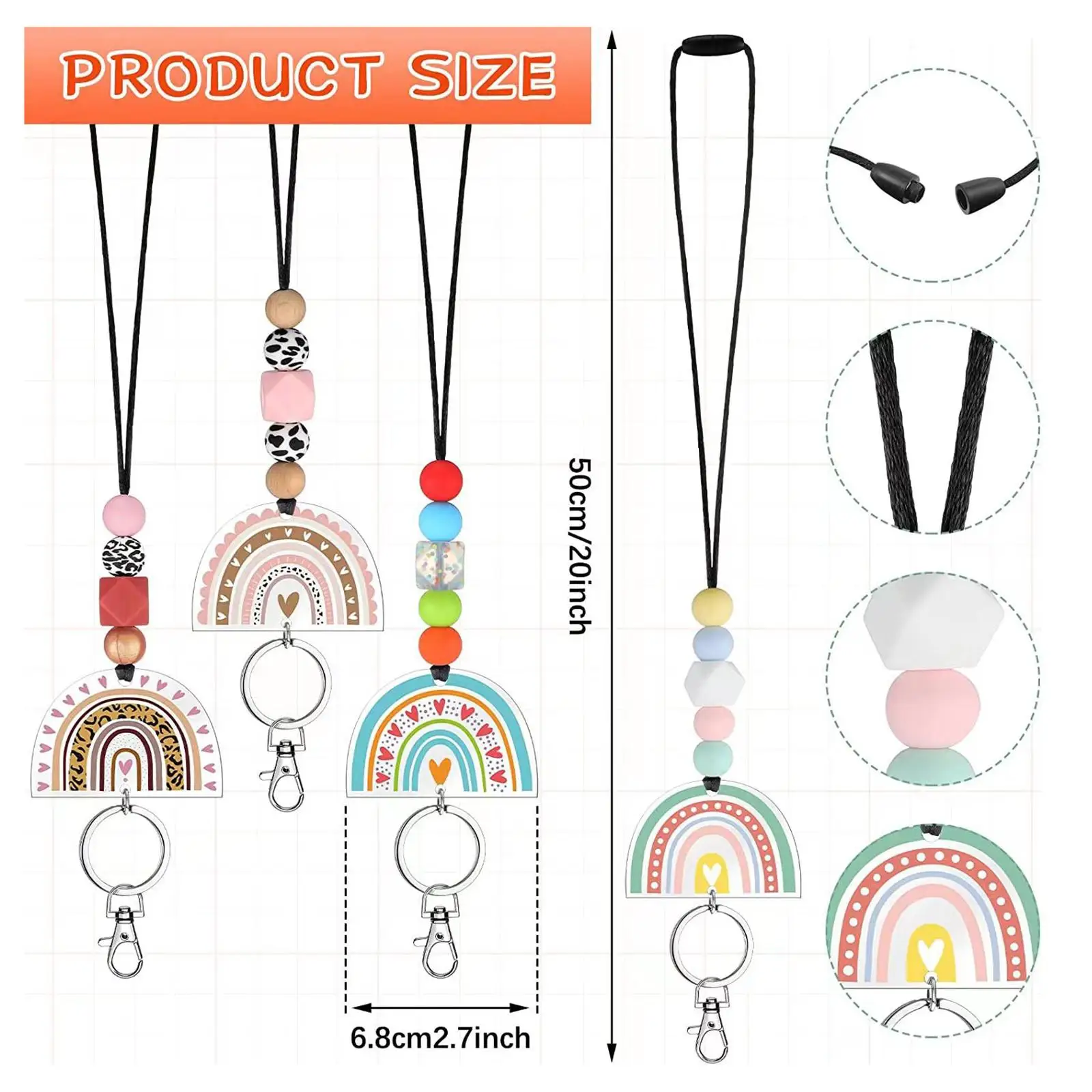 Detachable Silicone Beaded Lanyards for Teacher Nurse Women with Acrylic Rainbow Charm Keychain Holder for ID Badge and Keys