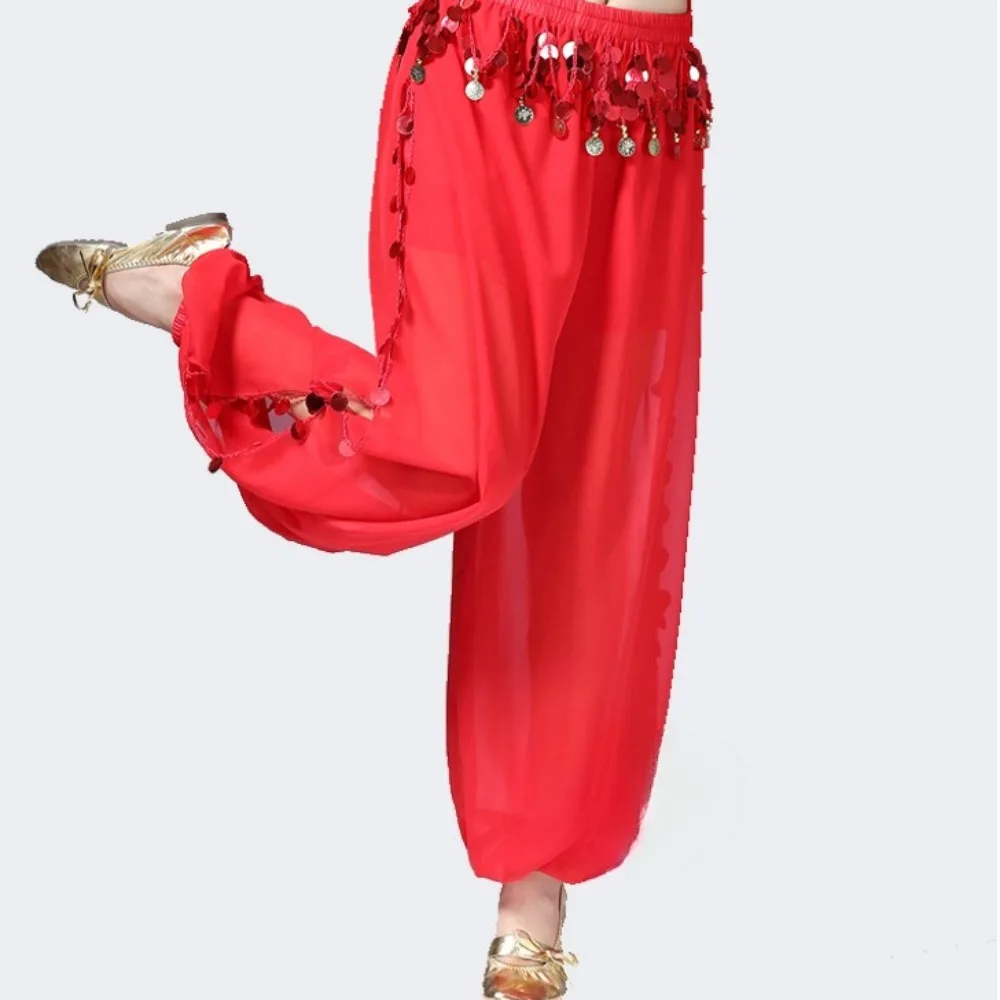 Buikdans chiffon broek voor dames - Broek met wijde pijpen en pailletten, lantaarnbroek voor Indiase en Xinjiang-danspodiumoptredens