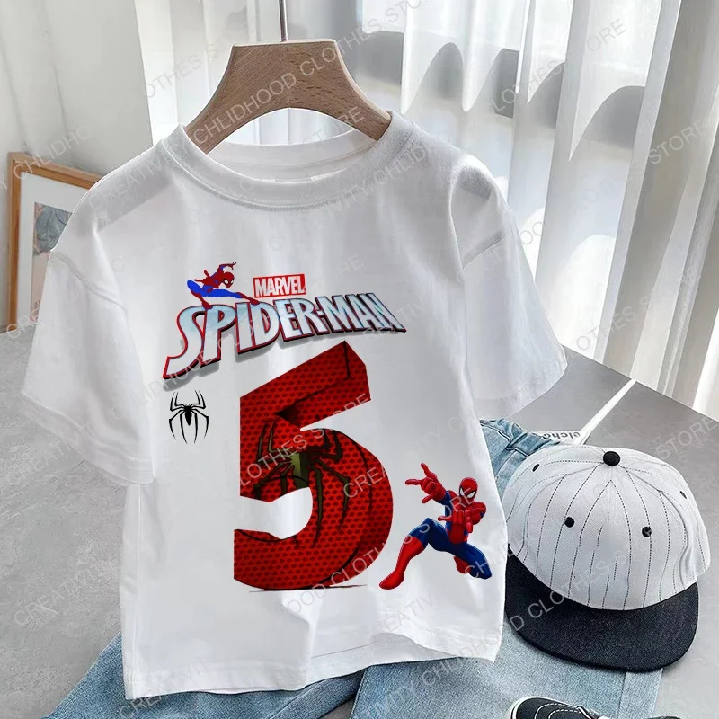 Spiderman Children's T-Shirts Birthday Marvel Number 123456789 T Shirt Kid Cartoon Kawaii Casual Clothes Super Hero Boy Girl Top