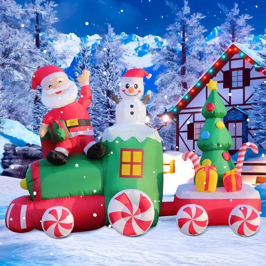 

6FT Christmas Inflatables Train Santa Claus and Snowman Drive Train Blow up Giant Yard Decoration Outdoor Built-in LED Lights P