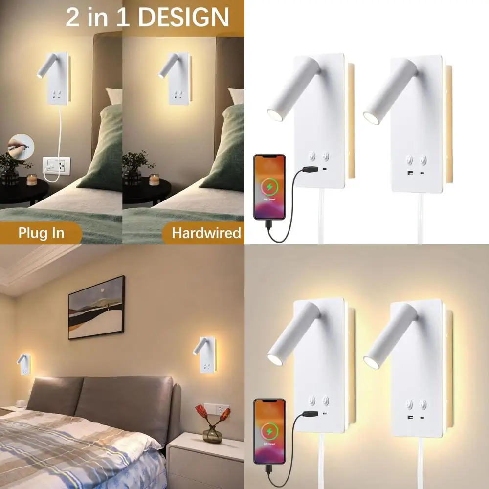 

Пара регулируемых светодиодных настенных бра с портами USB C+A, ночник 9 Вт+3 Вт, теплый белый 3000 К