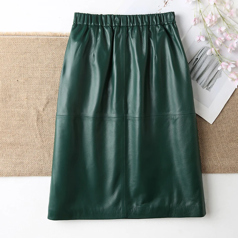 Midi Skirt Women 100% Genuine Leather Female Elegant Korean Style Avocado Powder Elastic Waist Mid Jupe Mujer Casual Street Saia