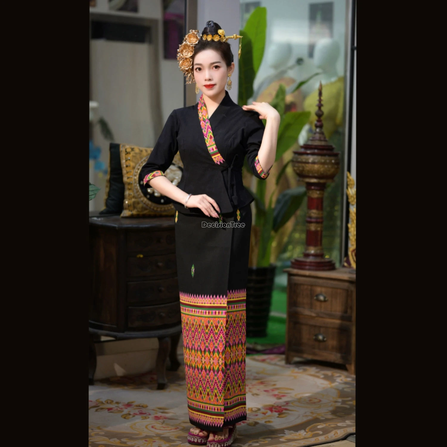 2024 traditional women thailand clothing chinese ethnic style lacing hanfu top straight skirt elegant dignified temperament set