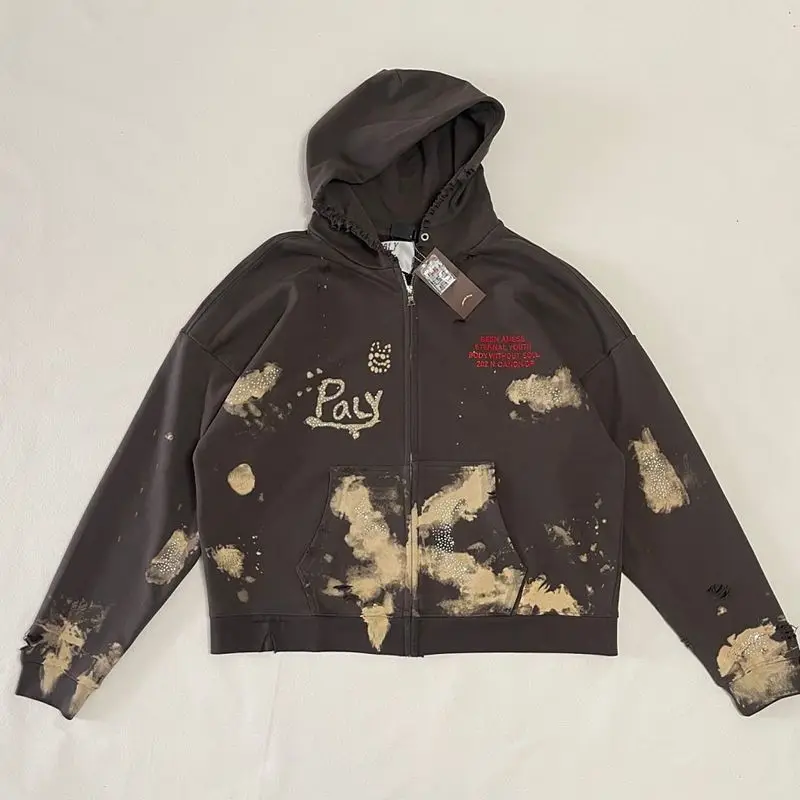 Play Hollywood retro American distressed splash-ink print hoodie, trendy zip-up sweatshirt for men loose streetwear.