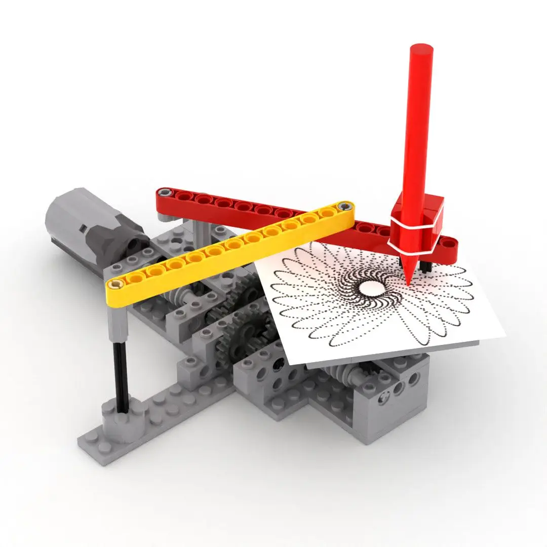 MOC Building Blocks Motorized Flower Drawing Machine, Gear Driven Mechanical Plotter Bricks Kit, STEM Toy