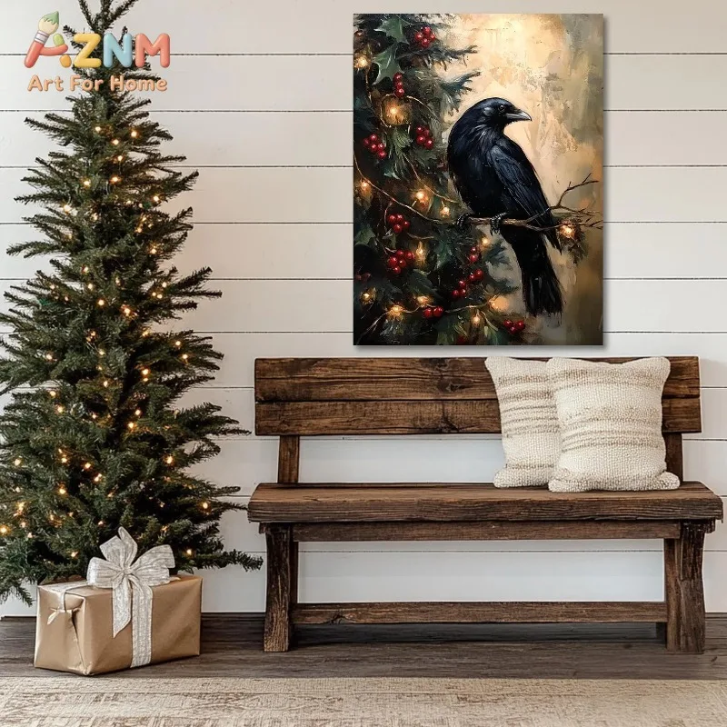 Moody Vintage Crow Holly Berry Christmas Canvas Poster Prints Frameless Wall Art Festive Winter Cozy Warm Soft Dark Decorations