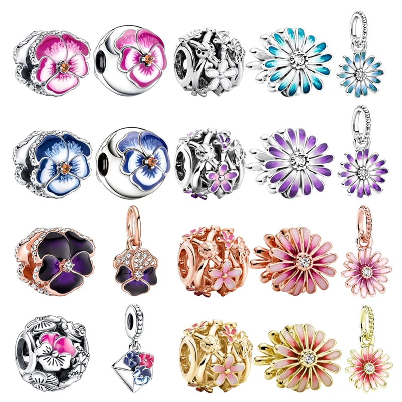 الوردي الأزرق الأرجواني بانسي زهرة سحر الخرزة الاكسسوارات هدية تناسب الأوروبية الأصلية الفضة سوار DIY مجوهرات للنساء