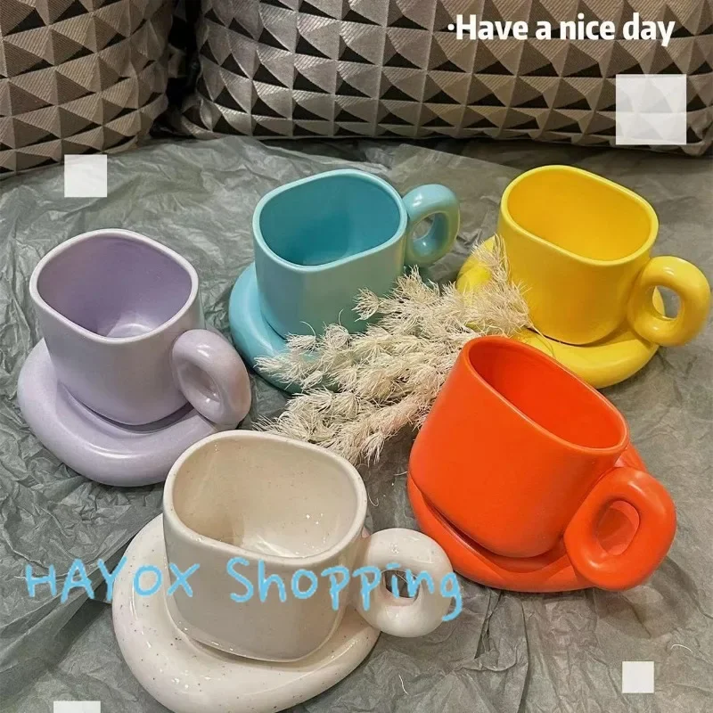 Creative Solid Color Ceramic Coffee Cup Thick Saucer Afternoon Tea Dessert Tea Cup Breakfast Bread Milk Mug Couple Gift Mug Home view 4
