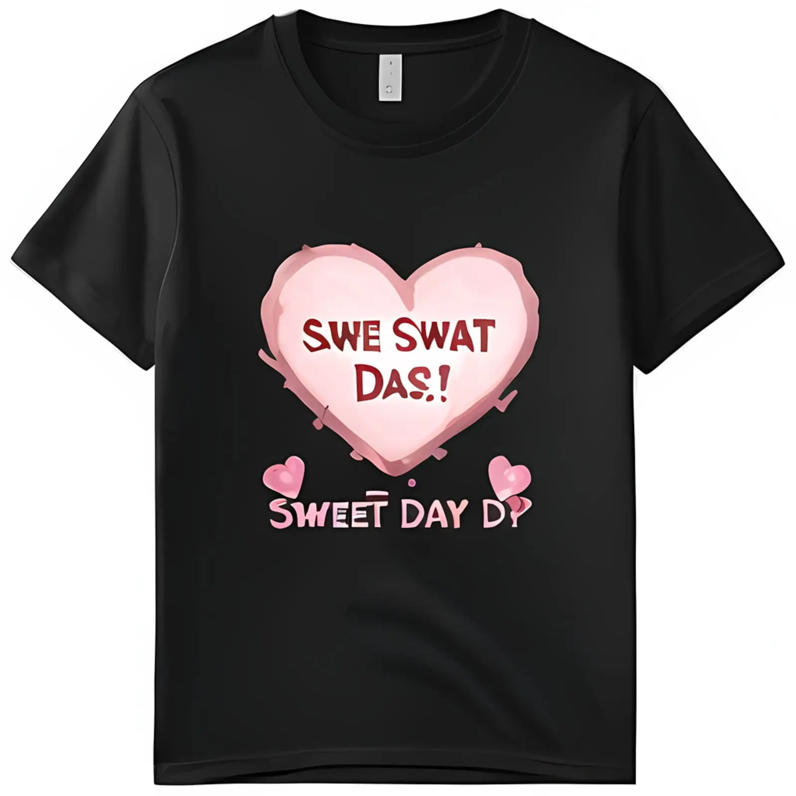 Get Noticed in Style with our 'SWEET DAY' Black T-Shirt Cartoon Heart Design