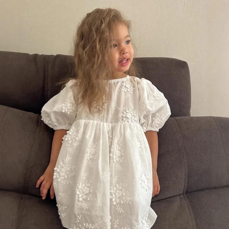 2026 New Russian Girls Spring Summer Cotton Lace Embroidered Princess Bubble Sleeve Casual Dress