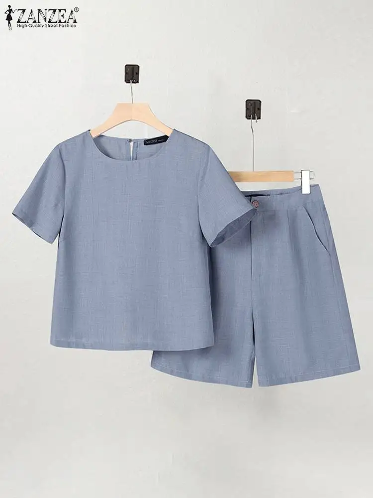 ZANZEA Summer 2024 Fashion 2-Piece Suits Casual Commute Women Short Pant Short Sets Short Sleeve Blouse Solid Color 2pcs Outfits