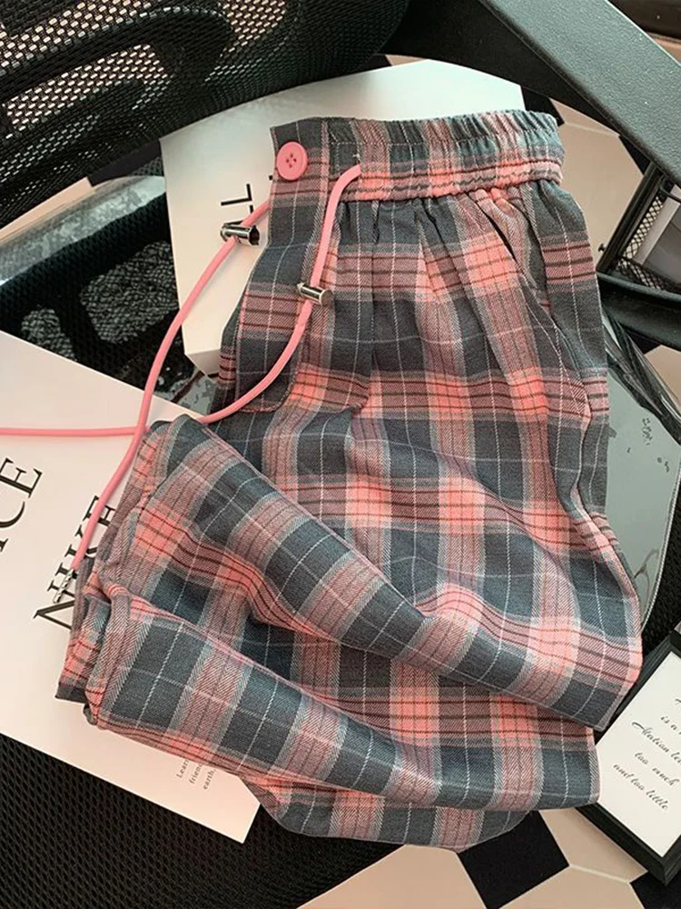 Retro roze geruite broek dames hoge taille casual Koreaanse zoete wijde pijpen broek herfst winter losse vrouwelijke hoge kwaliteit elegante broek