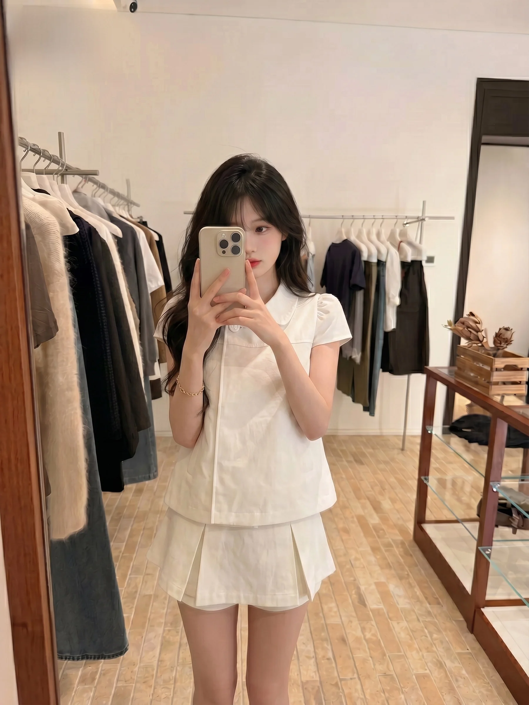 

Korean Style White Doll Collar Short Sleeve Shirt Women's 2026 New Summer Slim Fit Half Skirt Pants Two Piece Set Casual Wear