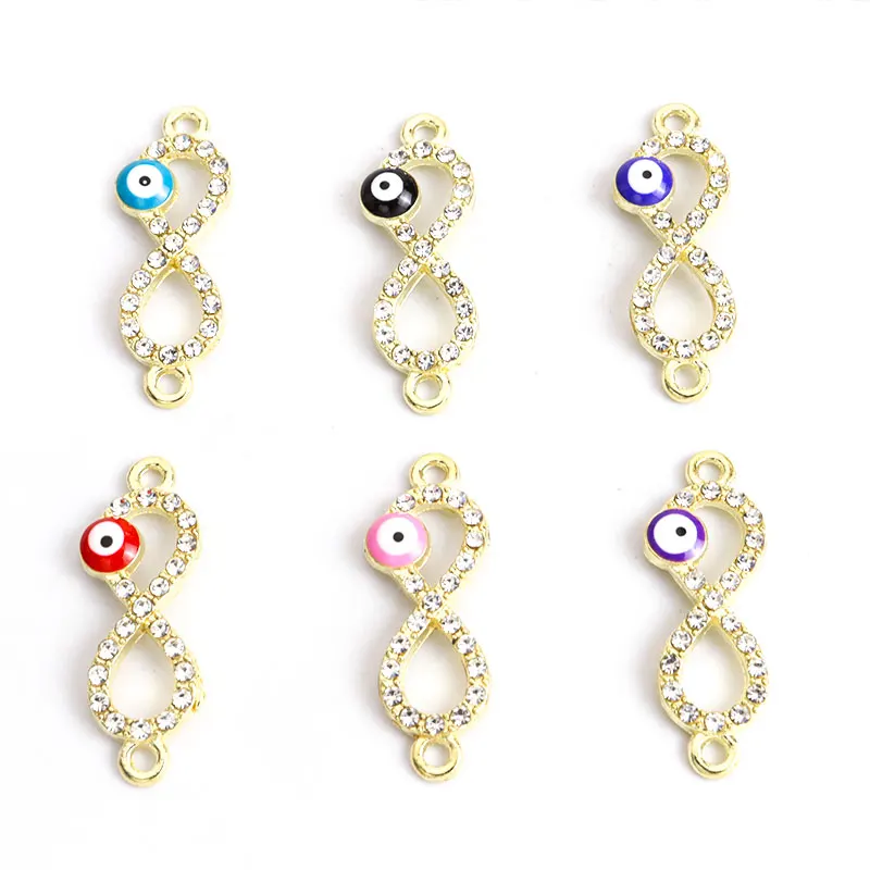 10pcs Infinity 8 Rhinestones Alloy Charm Connectors 10*27.3mm Lucky Evil Eye Enamel Metal Pendants DIY Jewelry Gifts Accessories