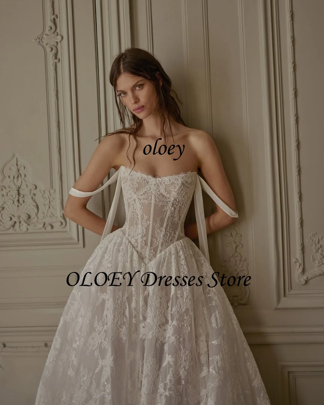 فساتين زفاف OLOEY أنيقة مكشوفة الكتف على شكل حرف A من الدانتيل الكامل فساتين زفاف مخصصة ذيل محكمة Vestidos de noiva