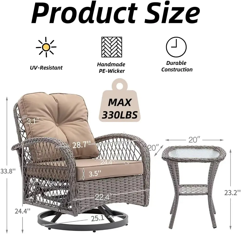Wicker Swivel Rocker Chairs Set,Swivel Chairs with Thick Cushion,  Tempered Glass Side Table for Outdoor