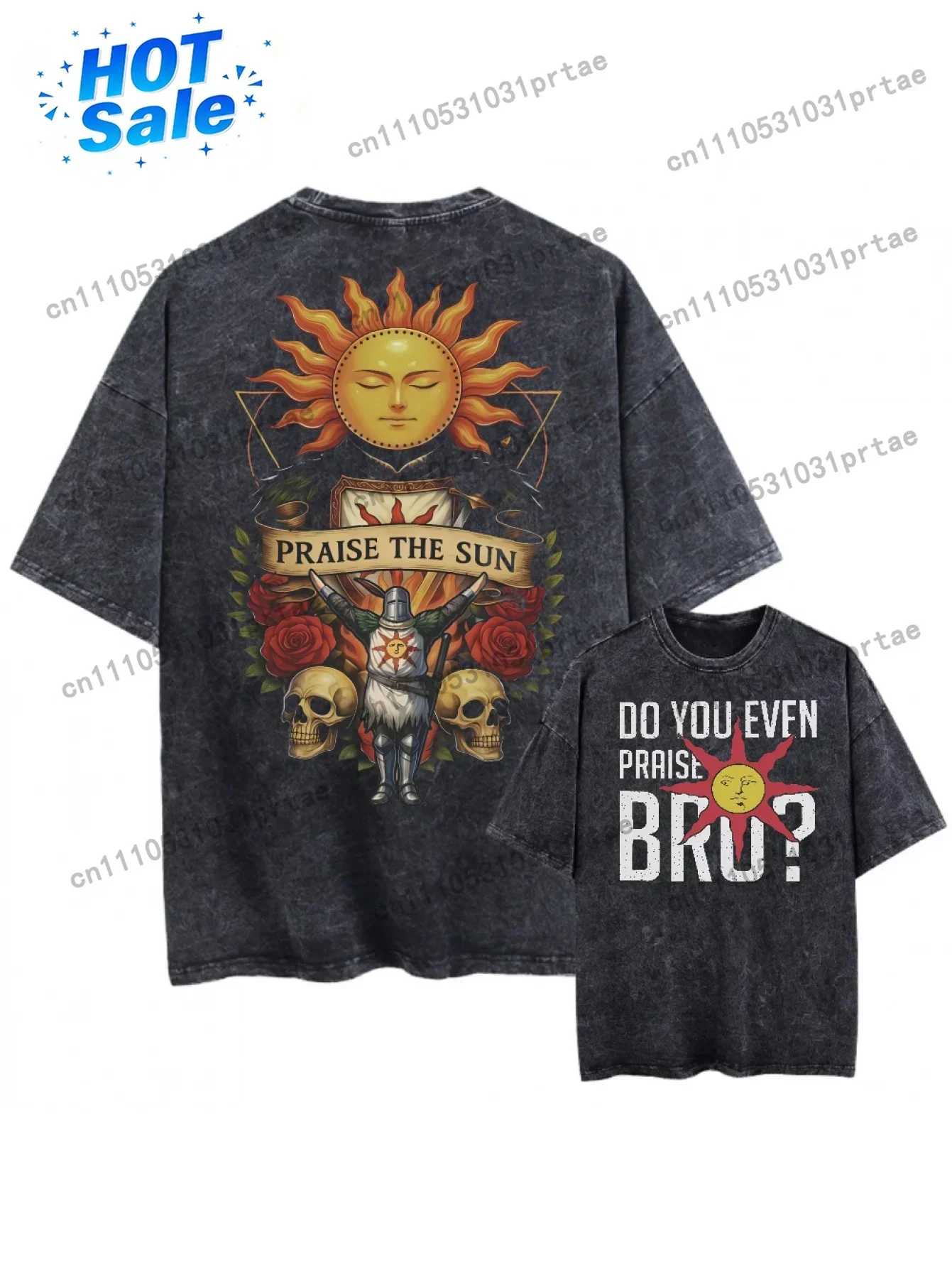 Unisex Vintage Washed Oversized Black T-Shirt Short Sleeve Tees Graphic for Men And Women Featuring 'Praise The Sun' Black