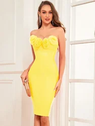 Yellow Bandage Dress Women 3D Flower Chic Beautiful Female Clothing Strap Sleeveless Party Dresses Summer 2024