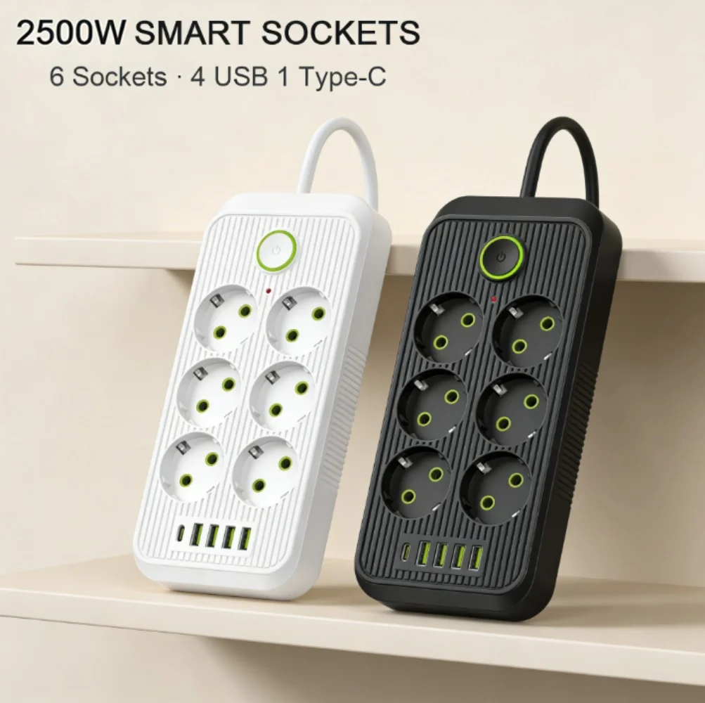 2M Extension Cord Power Strip 6/8 AC Outlets EU Plug Multita